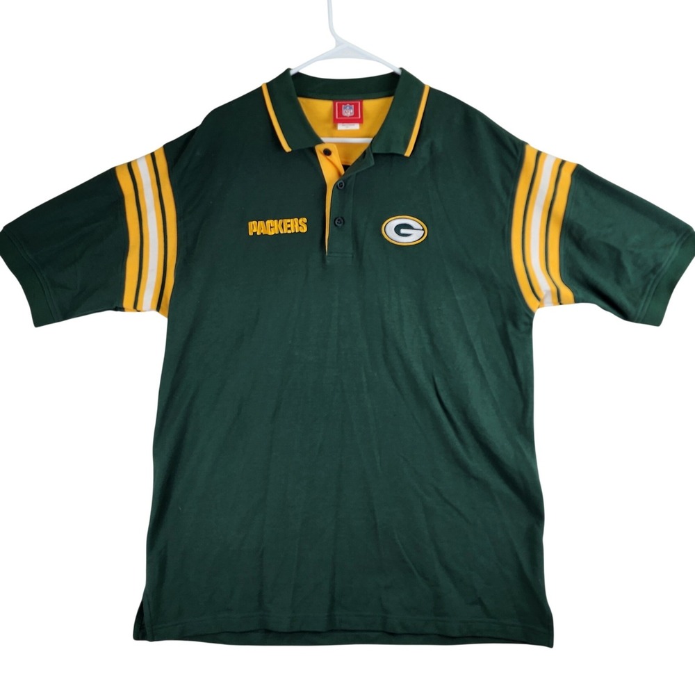 Green Bay Packers NFL‎ Polo Shirt Mens Large Green Striped Sleeve Embroidered